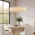 Round Alabaster Chandelier, 32in Spanish Marble Chandeliers for Dining Room, Alabaster Modern Chandeliers for Living Room, Adjustable Gold Chandelier for Bedroom, Bathroom, Kitchen, Foyer, Entryway
