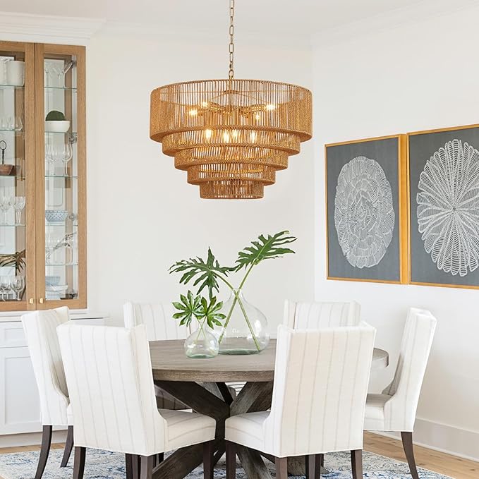 25.6" Large Rattan Chandelier Vintage 8-Lights Farmhouse Boho Hand-Woven Bamboo Chandelier Light Fixture Retro Drum Wicker Golden Chandeliers for Dining Room, Kitchen, Bedroom, E12