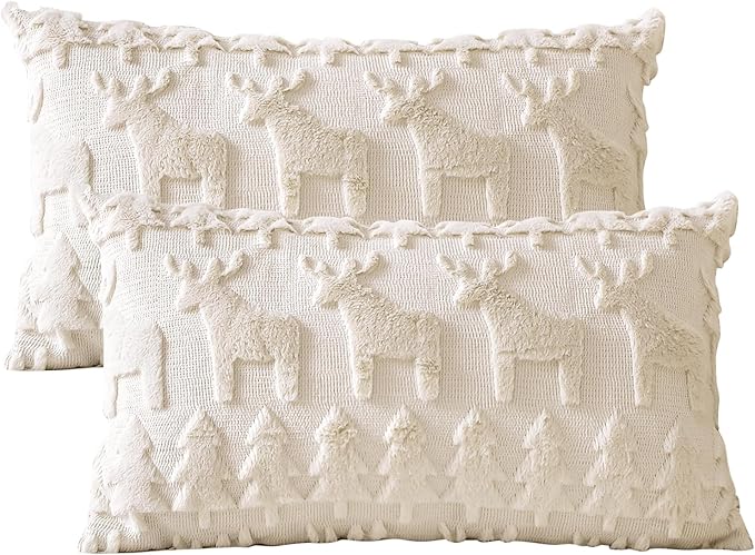 OTOSTAR Set of 2 Xmas Soft Plush Short Wool Velvet Decorative Throw Pillow Covers Square Luxury Style Cushion Case Pillow Shell for Sofa Bedroom Christmas Tree and Elk Cream Beige, 12x20 Inch