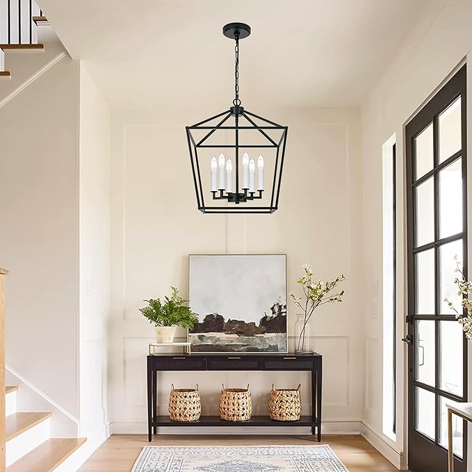 MELUCEE Rustic Open Cage Chandelier 6 Lights in Black Farmhouse Lantern Hanging Ceiling Light Large Pendant Light with White Candle-Shaped Socket for Hallway Dining Room Kitchen Island, E12 Base