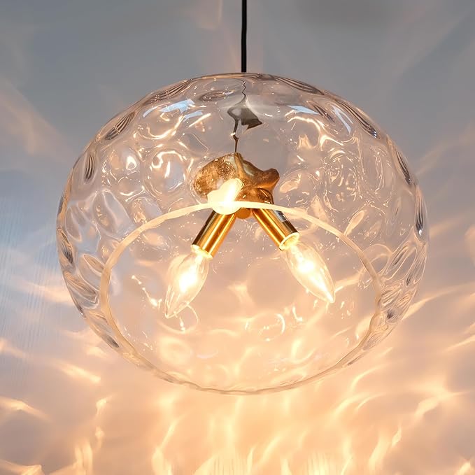Large Glass Pendant Lighting, 14" Hammered Lampshade Hanging Lamp, 3-Light Brass Gold Chandelier for Dining Living Room Kitchen Island (Clear Glass Shade, 14 Inches)