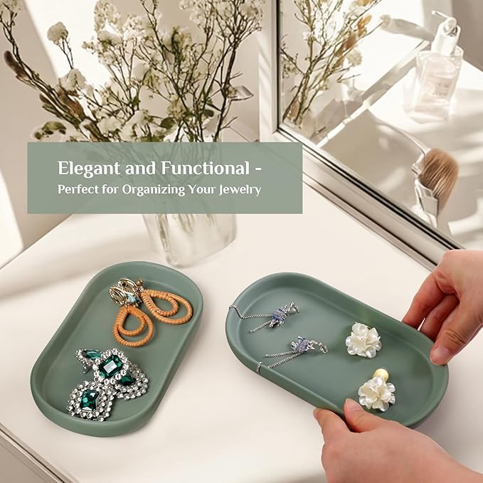 Ceramic Jewelry Tray – Oval Vanity Dish for Rings, Earrings, Bracelets – Minimalist Decorative Trinket Holder for Dresser, Bathroom, Nightstand – Matte Green