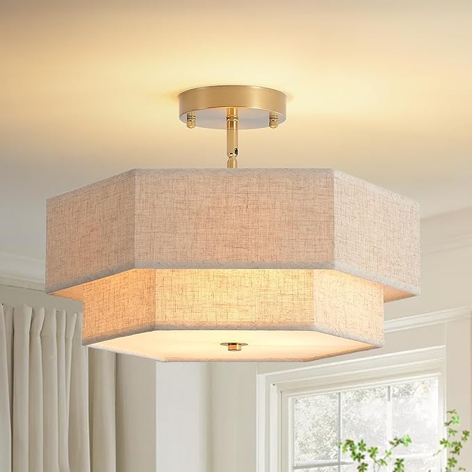 Modern Semi Flush Mount Ceiling Light 15.7" Boho Light Fixture with Linen Shade, Double Drum 3-Light Entryway Pendant Light, Close to Ceiling Light Fixtures for Living Room Bedroom Nursery