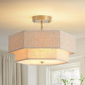 Modern Semi Flush Mount Ceiling Light 15.7" Boho Light Fixture with Linen Shade, Double Drum 3-Light Entryway Pendant Light, Close to Ceiling Light Fixtures for Living Room Bedroom Nursery