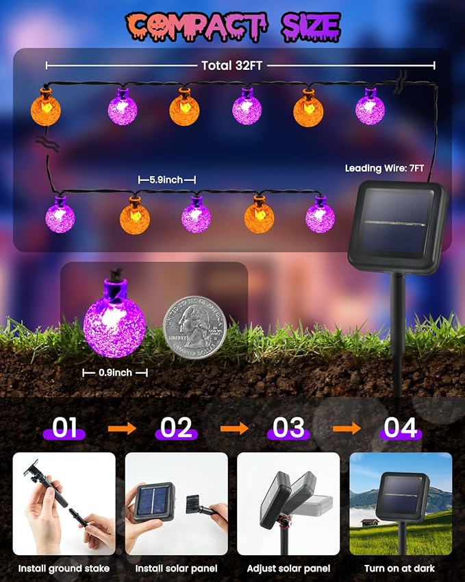 LORRYTE 2-Pack 100 LED 64FT Purple and Orange Solar Halloween Lights, Outdoor Waterproof Solar Globe String Lights with 8 Lighting Modes, Halloween Outdoor Decorations for Garden Party