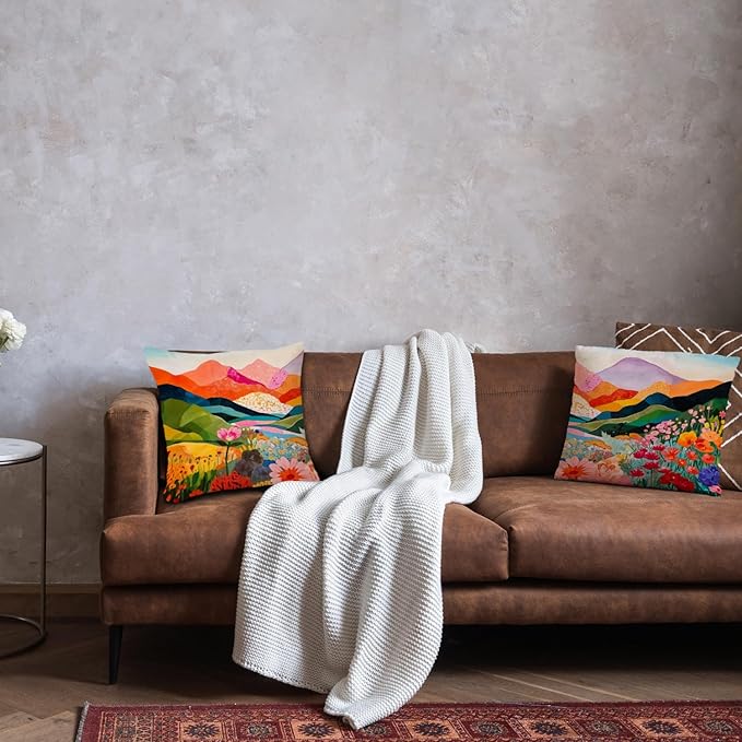 JINYO Abstract Mountain Pillow Covers 18x18 Set of 2, Abstract Mountain Floral Pillow Cases Watercolor Landscape Decorative for Home Bedroom Living Room Office Decor, Vintage Western Decor