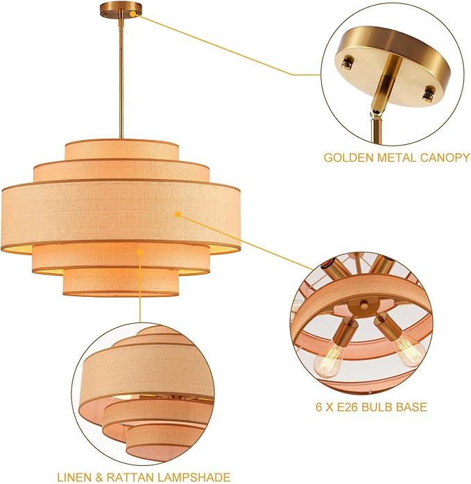 Farmhouse 26" Large Drum Rattan Chandelier 6-Lights Vintage Boho Rattan Chandelier Retro Vintage Bamboo Drum Chandeliers for Dining Room, Kitchen Island, Living Room, Bedroom