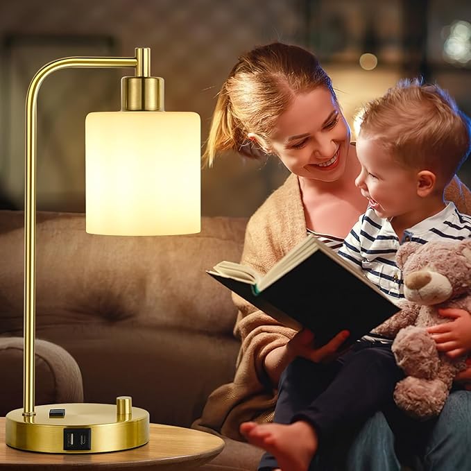 Lynnoland Set of 2 Industrial Table Lamps with USB C+A Ports and Outlet, Gold Fully Stepless Dimmable Bedside Lamps, Nightstand Lamp with Opal Glass Shade for Reading Office (2 LED Bulb)