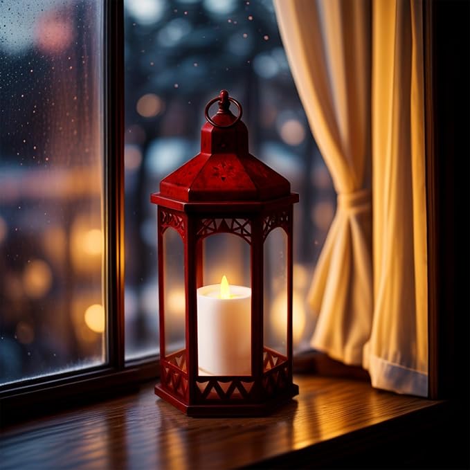 LED Hexagon Lantern with Flameless LED Candle, Unique Shape and Pattern to Give an Upscale Garden Party Vibe. Suitable for Home & Outdoor Usage,Special Event or Wedding.Battery Powered (Red)