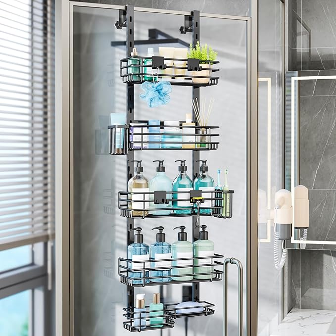 Consumest Over The Door Shower Caddy - 5 Tier Adjustable Shower Organizer Hanging with 2 Toothbrush Holders & 4 Hooks, Rustproof Oragnizer Shelf, Storage Rack for Bathroom, Black