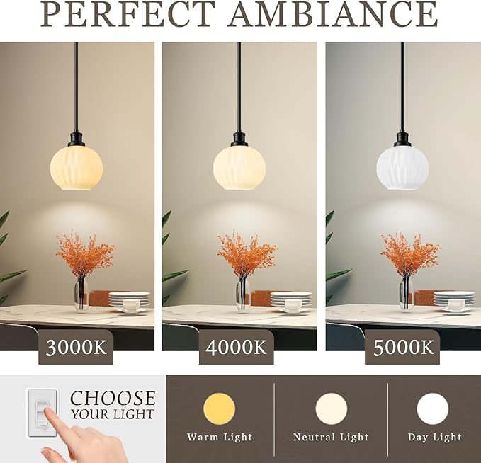 Milk Glass Pendant Lights Kitchen Island, 1-Light 7.1" Black Modern Pendant Light Fixtures with Rods, Globe Hanging Lighting for Kitchen Sink Bathroom Dining Room, E26 Base