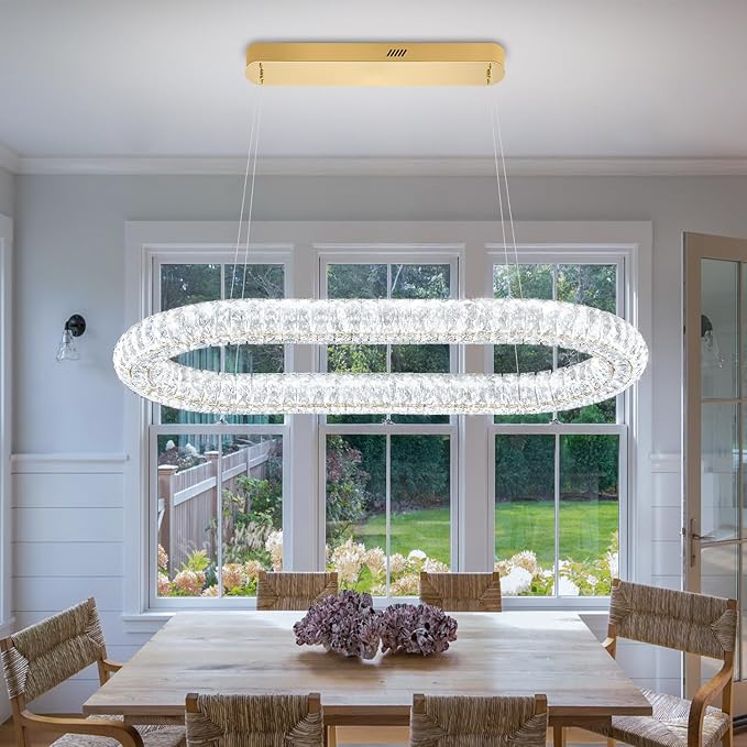 Oval Crystal Chandelier, 40'' Gold Crystal Ring Pendant Light for Kitchen Island Modern Linear Oval Chandeliers for Dining Room Dimmable 3000K-6000K