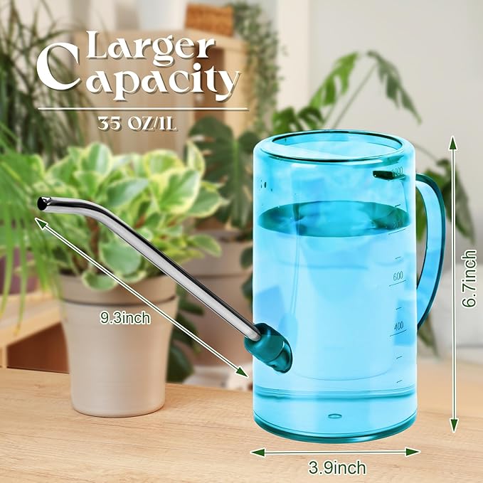 Small Plastic Watering Can - for Home Garden - with Long Spout - 1/4 Gallon - 34 Oz - Sky Blue