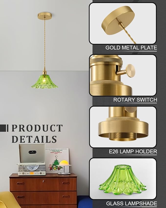 Vintage Glass Pendant Light，Green Flower Ceiling Pendant Light，Gold Adjustable Hanging Wire for Kitchen Island Dining Room Bedroom Hallway (9Inch - Green(B))