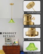 Vintage Glass Pendant Light，Green Flower Ceiling Pendant Light，Gold Adjustable Hanging Wire for Kitchen Island Dining Room Bedroom Hallway (9Inch - Green(B))