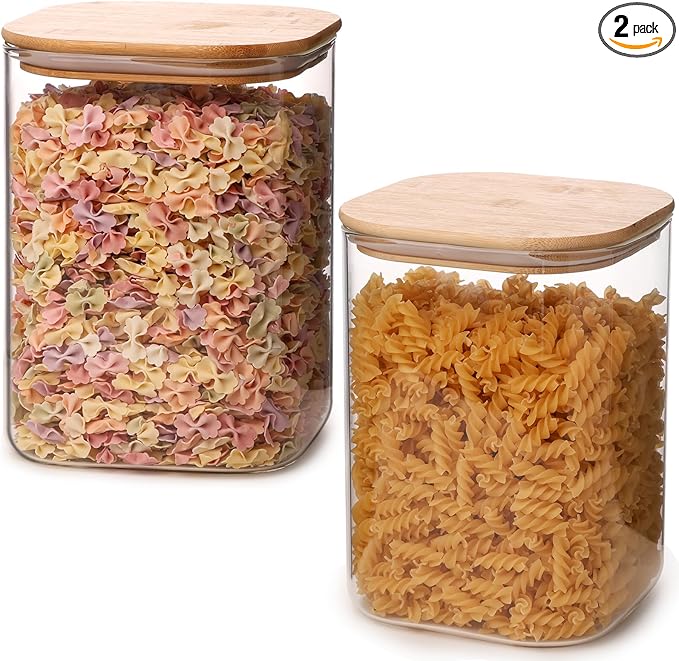 Glass Food Storage Jars 150 oz Set of 2,Glass Storage Containers Clear Glass Food Canister with Bamboo Lid Airtight For Serving Tea, Coffee, Flour, Sugar, Candy, Cookie, Spice and More (Square)