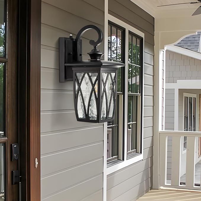 Outdoor Porch Light Wall Mount,18'' Exterior Waterproof Wall Lighting Fixtures,Wall Sconce Light with E26 Socket & Water Ripple Glass Shades, Matte Black Outside Wall Lantern for Patio Front Door