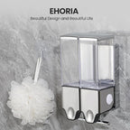 2-in-1 Quadrate Dispensers for The Shower,Shower soap Dispenser,Conditioner Dispenser, Shampoo Dispenser,No Drilled Wall Mounted Distributor,Hotel,Bathroom,Home (Double, Colorless)