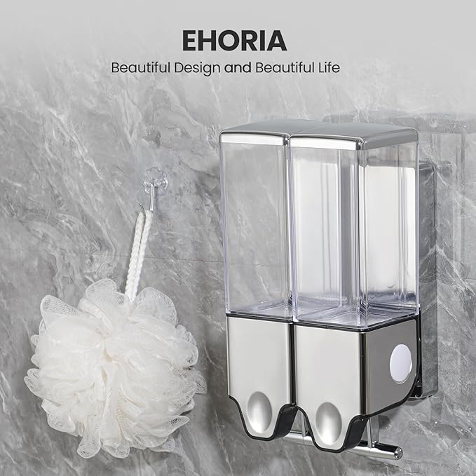 2-in-1 Quadrate Dispensers for The Shower,Shower soap Dispenser,Conditioner Dispenser, Shampoo Dispenser,No Drilled Wall Mounted Distributor,Hotel,Bathroom,Home (Double, Colorless)