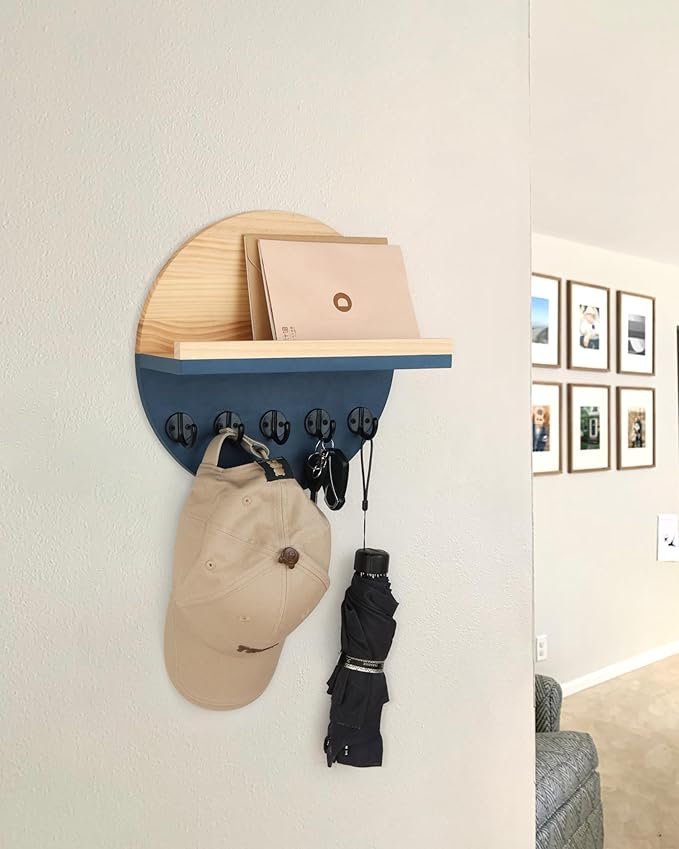 Blue Key Holder for Wall with Shelf - Wood Mail Organizer and Rack with Shelf Hooks Wall Mounted for Entryway Decor Magazines Letter Storage Farmhouse Living Room Bedroom Doorway