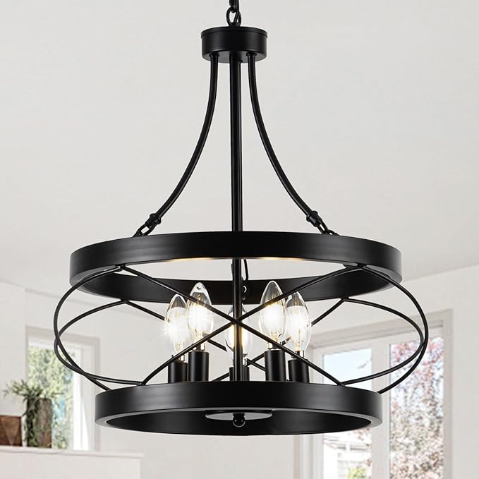 5-Light Farmhouse Chandelier, 17.72" Rustic Drum Dining Room Light Fixture, Black Chandeliers Hanging Pendant Lighting, Industrial Candle Chandeliers for Living Room Kitchen Entryway Bedroom