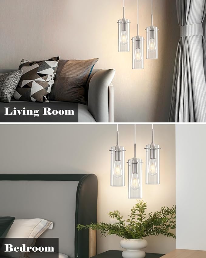 Glass Pendant Lights Kitchen Island 3 Packs, Brushed Nickel Kitchen Pendant Light, Modern Clear Glass Pendant Light Fixture, Hanging Pendant Lights for Kitchen Island Dining Room Hallway