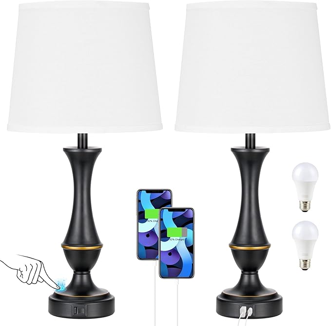 Upgraded Touch Lamps for Bedrooms Set of 2 - Nightstand Table Lamp with USB C+A, 3 Way Dimmable Lamps for Living Room, Office(White)