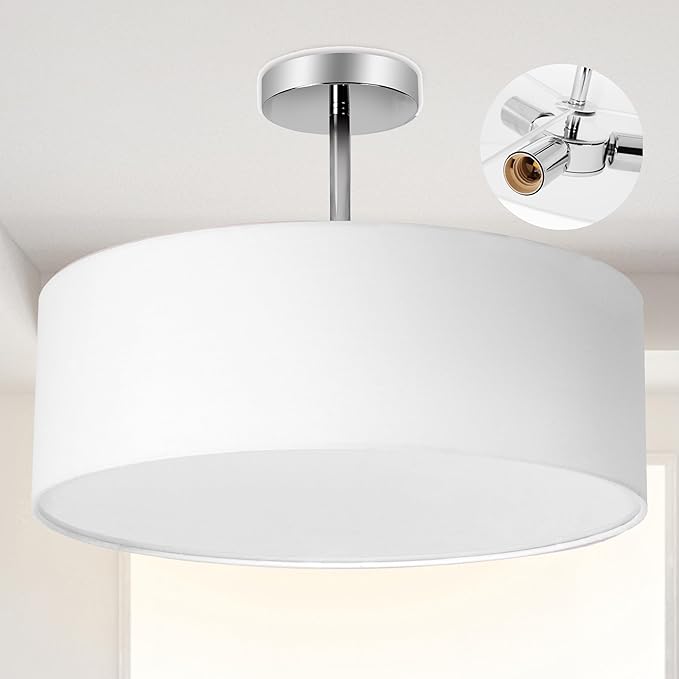 SomSom Ceiling Light, Semi-Flush Mount Modern Fabric Pendant Light Shade, Large White Drum Lampshade, Round Pendant Lamp, Lamps for bedrooms, Flush Chrome Matt, 3 Bulbs