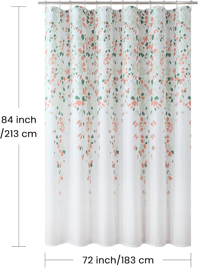 Extra Long Fabric Shower Curtain, Orange and Sage Green Floral Shower Curtains for Bathroom, Waterproof Bathroom Curtains, 72" W x 84" H