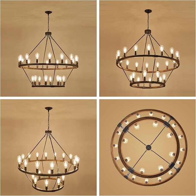 2 Tier Wagon Wheel Chandelier Large Wooden Farmhouse Pendant Light Fixture 24-Light 43" Rustic Round Chandeliers for Foyer Living Room Entryway