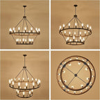 2 Tier Wagon Wheel Chandelier Large Wooden Farmhouse Pendant Light Fixture 24-Light 43" Rustic Round Chandeliers for Foyer Living Room Entryway