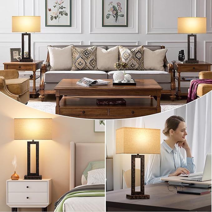 22" Tall Living Room Lamps for Night Stands - Touch Bedside Lamp with USB C+A, 3 Way Dimmable Bedroom Lamps for End Tables Set of 2, Modern Night Stand Lamp for Bed Side(Beige&Brown)