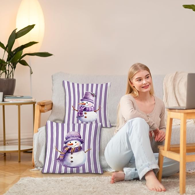 JINYO Purple Christmas Snowman Pillow Covers 18x18 Set of 2, Purple Christmas Decor, Preppy Winter Snowman Striped Throw Pillow Covers for Couch Living Room Bedroom