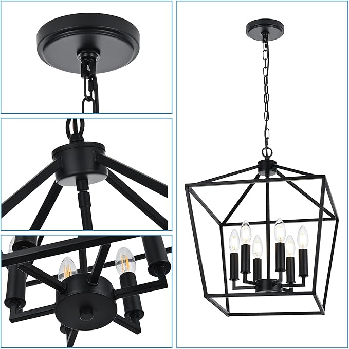 MELUCEE 6-Light Black Farmhouse Chandelier 16 Inches Cage Hanging Lights Rustic Lantern Pendant Lighting for Kitchen Island Dining Room Foyer Hallway, E12 Base