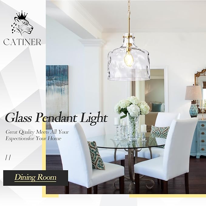 16" Extra Large Farmhouse Pendant Light – Hand-Blown Hammered Glass Shade, Gold Finish, Adjustable Chain Ceiling Light for Kitchen Island, Dining Room, Hallway