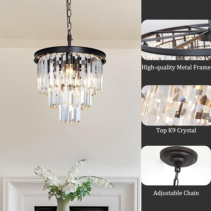 Black Crystal Chandeliers for Dining Room, 3-Tier 4 Lights Modern Chandelier Contemporary Luxury Top K9 Crystal Ceiling Pendant Light Fixture for Foyer Kitchen Bedroom Closet 14"