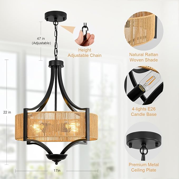4-Light Rattan Chandelier Light Fixture, 18” Black Metal and Hand-Woven Wicker Shade, Semi-Flush Mount Boho Farmhouse Pendant Lighting for Dining Room, Living Room, Kitchen Island, Bedroom