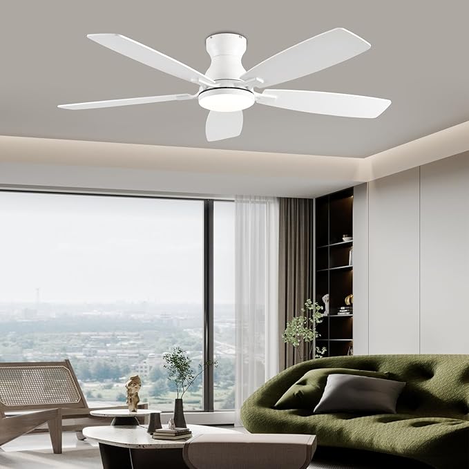 52inch Ceiling Fans with Lights, Low Profile Ceiling Fan with Light and Remote Control/APP Control, DC Reversible Motor, Noiseless, Flush Mount White Ceiling Fan for Bedroom, Indoor/Outdoor Use