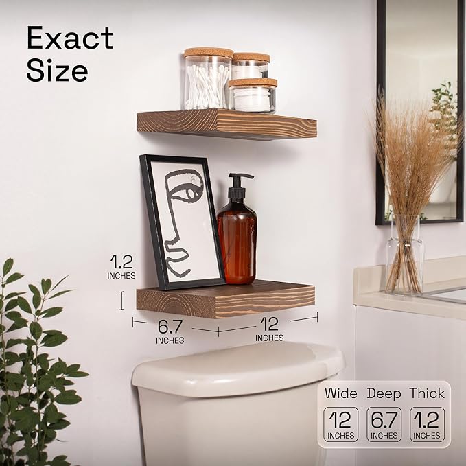 BAOBAB WORKSHOP Solid Wood Floating Shelves for Wall 12 Inch Wide, Small Wooden Shelf Kitchen, Bathroom Shelves for Room Wall Mounted Rustic Farmhouse, Walnut Floating Shelves, 12W × 6.7D, Set of 2