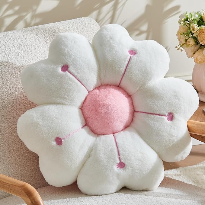 Flower Throw Pillow, Cute Daisy Cherry Blossom Flower Shaped White Throw Pillow 15.7In Floor Cushion for Home Bedroom Sofa Chair Couch Decor