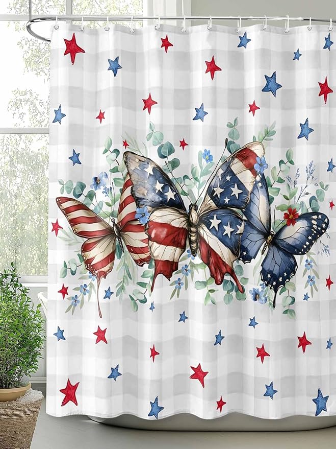 4th of July Shower Curtain, Patriotic Stars Butterfly Shower Curtains Set with Hooks, Eucalyptus Leaves Plaid Independence Day Waterproof Bathroom Curtains Decor Accessories,72 X 84 Inch Extra Long
