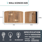 Rattan Boho Wall Sconce, Wall Hanging Lamps with Hand Woven Hemp Rope Shade , Farmhouse Rustic Wicker Black Wall Mount Vintage Sconces Light Fixture Indoor for Living Room Bedroom Bedside Stairway E26