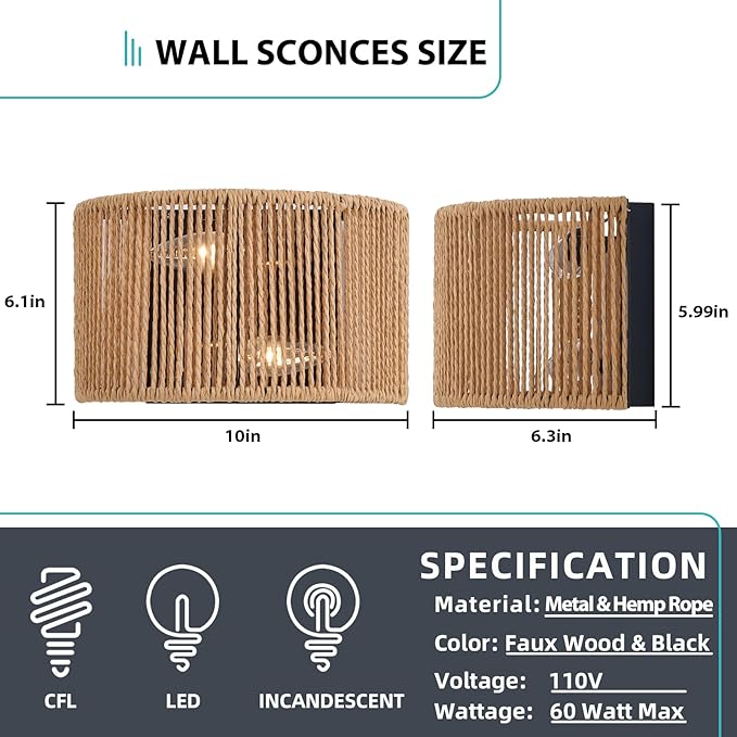 Rattan Boho Wall Sconce, Wall Hanging Lamps with Hand Woven Hemp Rope Shade , Farmhouse Rustic Wicker Black Wall Mount Vintage Sconces Light Fixture Indoor for Living Room Bedroom Bedside Stairway E26