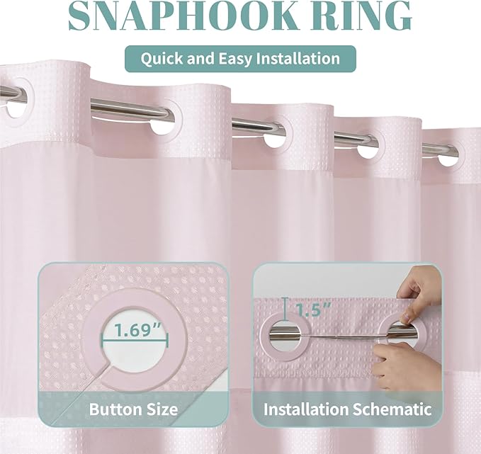 BlushPink No Hook Waffle Weave Shower Curtain with snap-in Liner Replacement, 230GSM Waterproof Fabric Hotel Shower Curtain Set for Bathroom, Through Mesh Top Window,54Wx80H