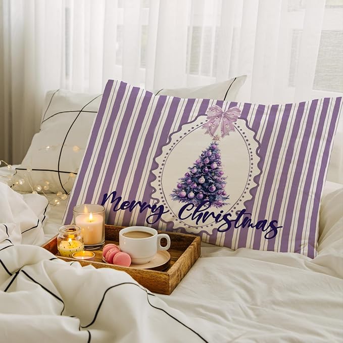 JINYO Coquette Purple Bow Christmas Tree Pillow Covers 12x20, Purple Christmas Decor, Preppy Girly Xmas Tree Bauble Striped Lumbar Pillow Covers for Girls Room Dorm Apartment