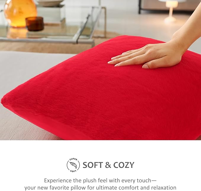 Pallene Faux Fur Plush Christmas Throw Pillow Covers 20x20 Set of 2, Soft Fluffy Couch Pillow Covers for Living Room, Red