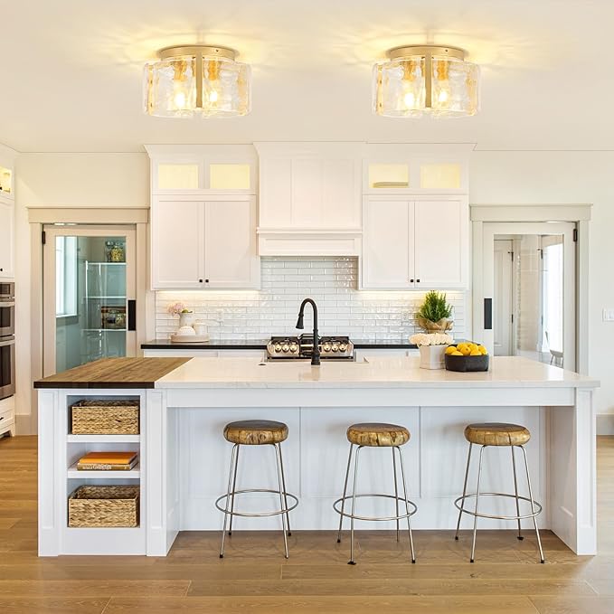 15'' Modern Gold Semi Flush Mount Ceiling Light, 3-Light Glass Drum Light Fixtures, Ceiling Lights for Hallway Entryway Foyer Bedroom Kitchen Dining Room Laundry Room Lighting Fixture, UL-Listed