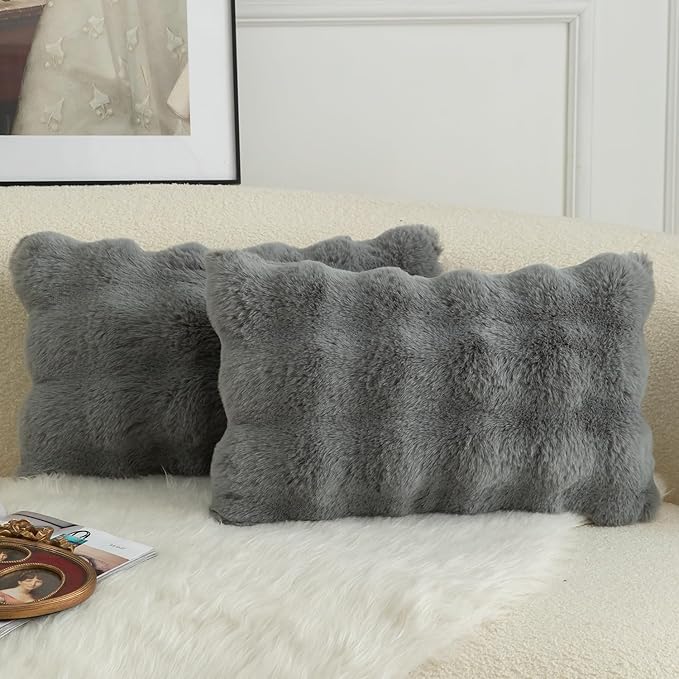 MANDIOO Pack of 2 Thick Plush Wool Decorative Throw Pillow Covers Super Soft Wave Bubble Fur Velvet Cushion Covers Pillow Shams for Couch Bed Living Room 16x24 Inch Gray