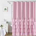 Seasonwood Pink Ruffle Shower Curtain - Girly Cute Button Farmhouse Style Fabric Blush Shower Curtain for Bathroom