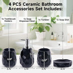 Ceramic Bathroom Accessories Set 4 PCS,Bathroom Toothbrush Holder Set,Soap and Toothbrush Holder Set,Include Toothbrush Holder,Soap Dispenser,Soap Dish,Tumbler,Bathroom Sets Decor Organizer (Black)
